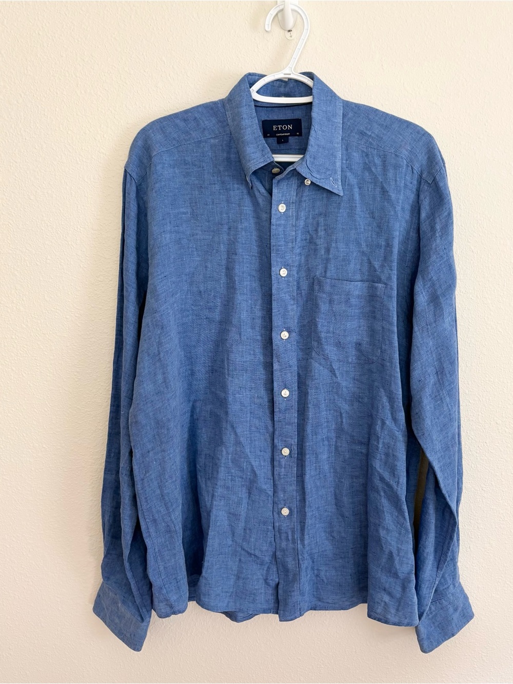 Eton Men’s Button Up Shirt Size L Blue 100% Linen Long Sleeve Contemporary